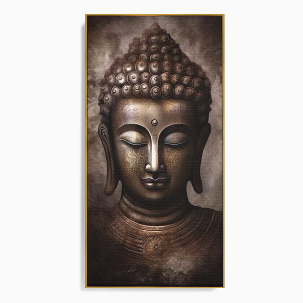 Tablou canvas cu tablou canvas cu portret buddha, in rama de aluminiu auriu